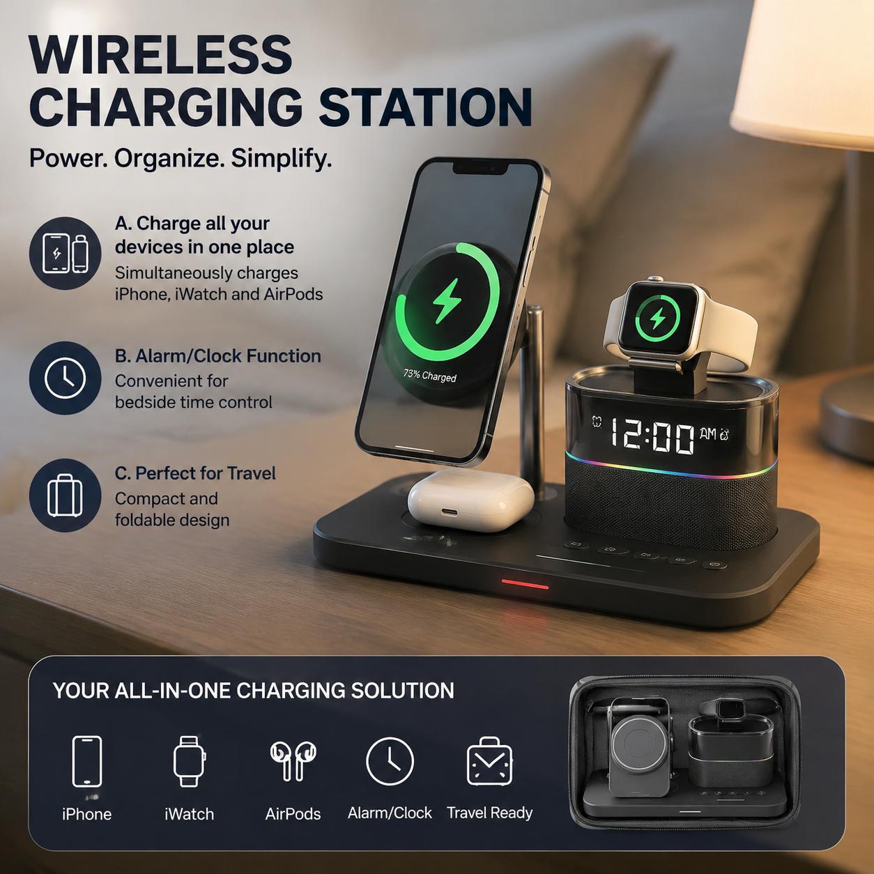 Smart Home Improvement - 磁気ワイヤレス充電ステーション（iPhoneシリーズ12、13、14、15、16、17、Watch Ultra 8、7、6、5、イヤホン用充電スタンド）多機種対応充電パッド（デスク、自宅、オフィス、旅行用）スマホ15W、ウェアラブル5Wの急速充電対応、360度回転デスクスタンド