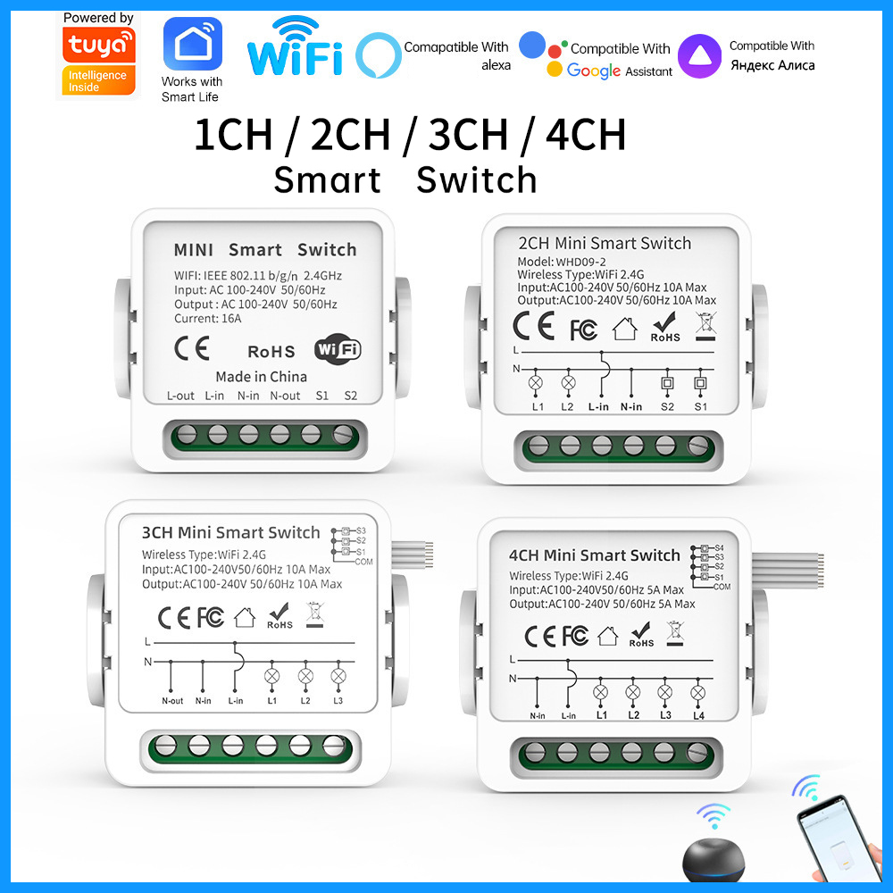 Smart Home Sistem - Tuya WiFiスマートスイッチ 1/2/3/4連 4ウェイ ミニスマートライトブレーカー スマートライフ、アレクサ、グーグルホームの音声制御に対応