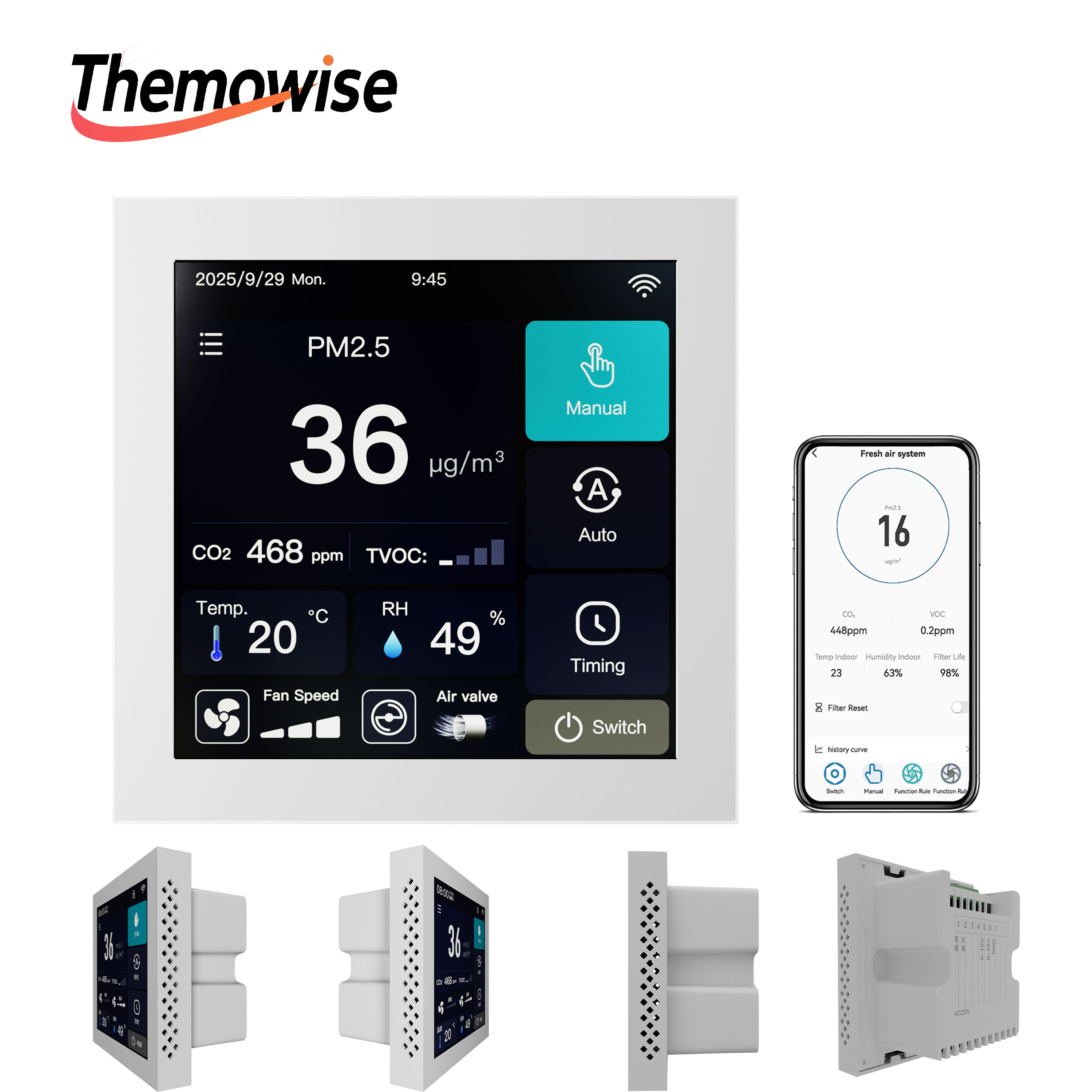 Smart Home Ventilation System - WIFI対応 家庭用スマート空気質管理装置 AC/EC換気システムコントローラー CO2、PM2.5規制/VOC 温度・湿度監視