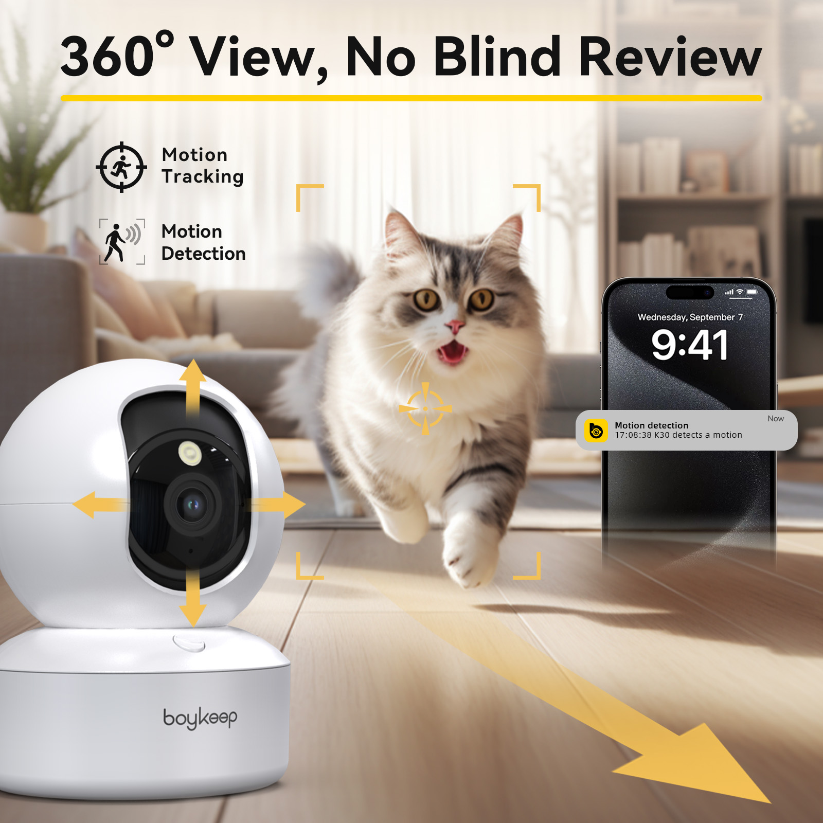 Smart Home Ezviz - Boykeep 2K ペット犬用カメラ、電話アプリ付き、5G/2.4GHz WiFi 屋内セキュリティベビーカメラ、360 °