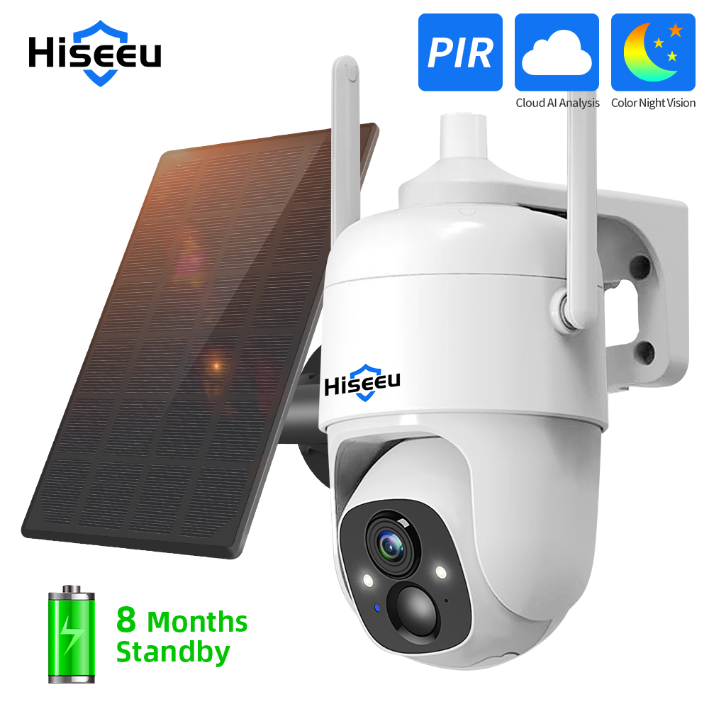Smart Home Cctv - Hiseeu-屋外ビデオ監視カメラ,ワイヤレスセキュリティデバイス,3mpクラウド,AI,充電式バッテリー,ソーラーパネル付き